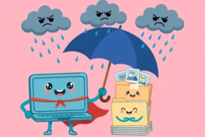 Cartoon laptop with superhero cape protecting files with an umbrella, Windows backup routine illustration