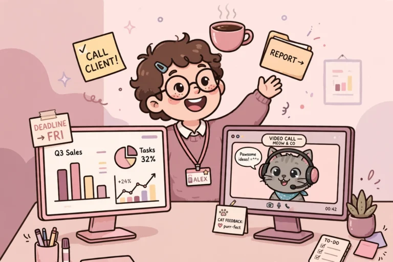 Cheerful cartoon character working across two monitors, one showing colorful charts and one showing a funny video call with a cat wearing headphones, on a pink desk