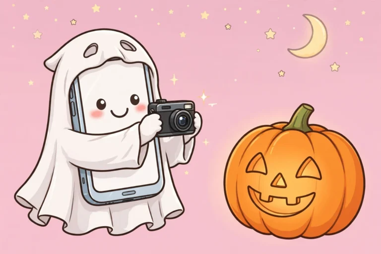 Cartoon illustration for Halloween night phone tips: a smiling smartphone in a tiny ghost costume photographing a glowing jack-o-lantern under a crescent moon, on a soft pink background