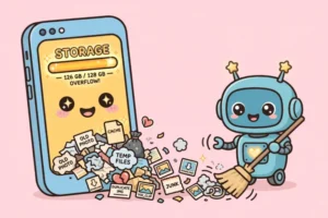 Cartoon of an iPhone with its storage bar overflowing, while a friendly robot sweeps away the junk labeled System Data, on a soft pink background