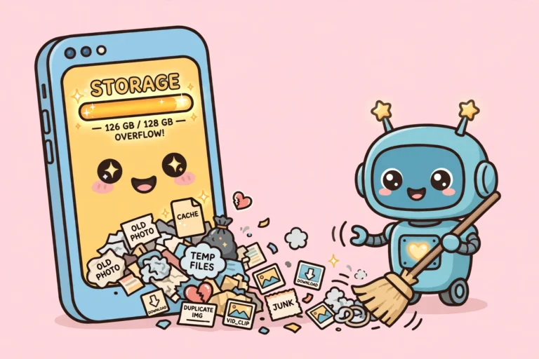 Cartoon of an iPhone with its storage bar overflowing, while a friendly robot sweeps away the junk labeled System Data, on a soft pink background