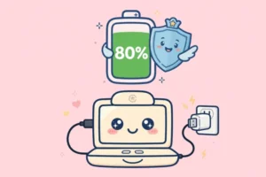 Cartoon of a happy laptop plugged in with its battery capped at 80 percent and protected by a shield, on a soft pink background