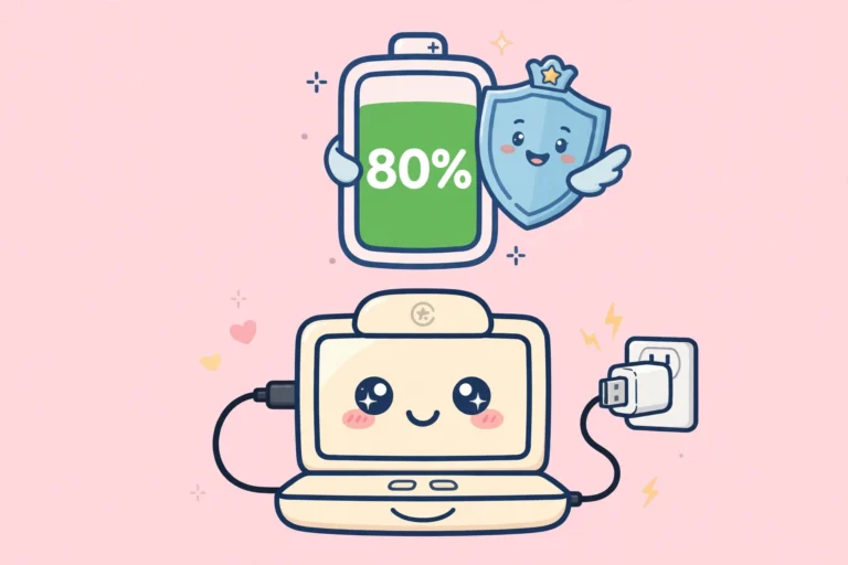 Cartoon of a happy laptop plugged in with its battery capped at 80 percent and protected by a shield, on a soft pink background