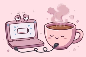 Exhausted cartoon laptop with a sweating low battery icon on its screen, plugged into a giant smiling coffee cup for energy