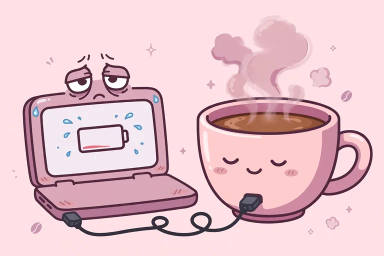 Exhausted cartoon laptop with a sweating low battery icon on its screen, plugged into a giant smiling coffee cup for energy