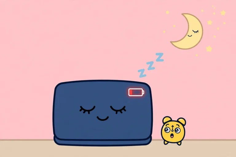 Cartoon of a closed laptop sleeping on a desk at night under a crescent moon, its battery icon glowing red and almost empty, while a tiny alarm clock looks surprised, on a soft pink background