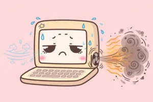 Cartoon of a hot tired laptop with its fan blowing out dust and heat waves on a soft pink background, a loud laptop fan fix