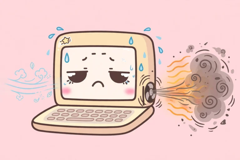 Cartoon of a hot tired laptop with its fan blowing out dust and heat waves on a soft pink background, a loud laptop fan fix