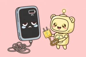 Cartoon of a tired smartphone with a nearly empty battery, showing phone charging slowly, plugged into a fast charger held by a robot