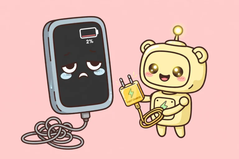 Cartoon of a tired smartphone with a nearly empty battery, showing phone charging slowly, plugged into a fast charger held by a robot