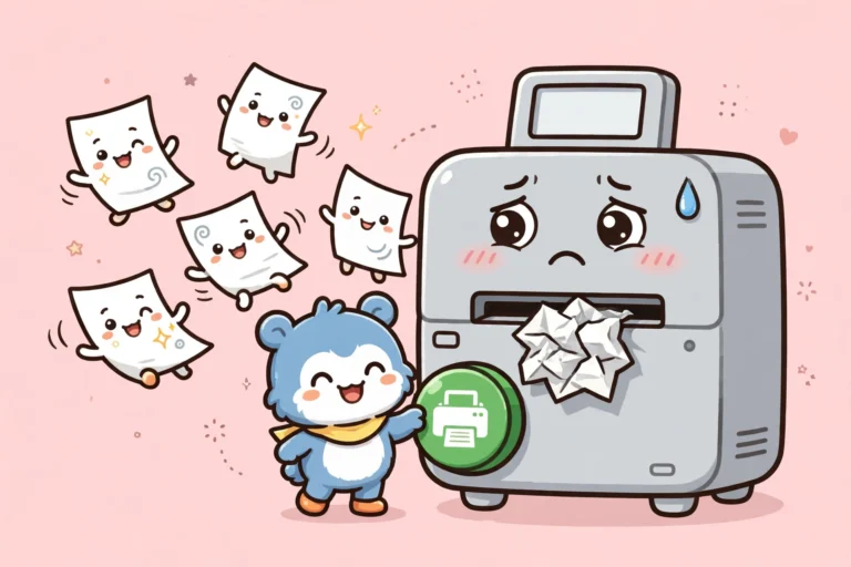 Cartoon of a worried printer with crumpled paper jammed in it and a cheerful character pressing a big green print button, on a soft pink background, a printer not printing fix