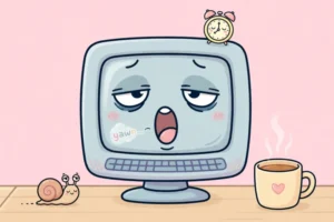 Cartoon of a sleepy desktop computer yawning as it slowly wakes up on a desk, with a tiny alarm clock and a snail nearby, on a soft pink background, a slow computer startup fix