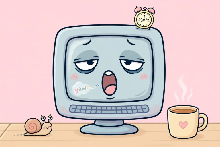 Cartoon of a sleepy desktop computer yawning as it slowly wakes up on a desk, with a tiny alarm clock and a snail nearby, on a soft pink background, a slow computer startup fix
