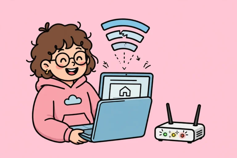 Cartoon of a happy character with a laptop and a home router under a broken wifi signal, a wifi keeps dropping fix