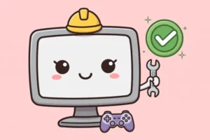 Cartoon of a smiling desktop PC wearing a tiny repair hard hat and holding a wrench, with a big green checkmark badge and a small game controller, on a soft pink background