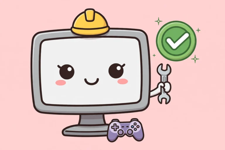 Cartoon of a smiling desktop PC wearing a tiny repair hard hat and holding a wrench, with a big green checkmark badge and a small game controller, on a soft pink background
