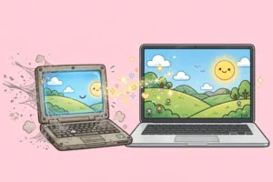Cartoon of an old laptop lighting up as a second monitor next to a main laptop, on a soft pink background