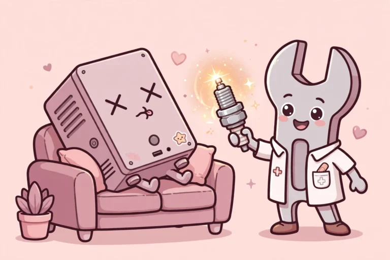 Cartoon of a knocked-out desktop PC with X eyes resting on a couch while a cheerful wrench doctor character revives it with a glowing spark plug