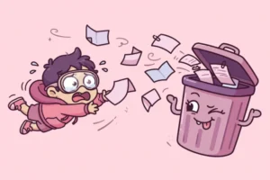Panicked cartoon character diving to catch flying files escaping from a mischievous winking trash bin