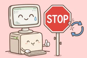Cartoon of a Windows PC working happily while a stop sign blocks a restart arrow, on a soft pink background