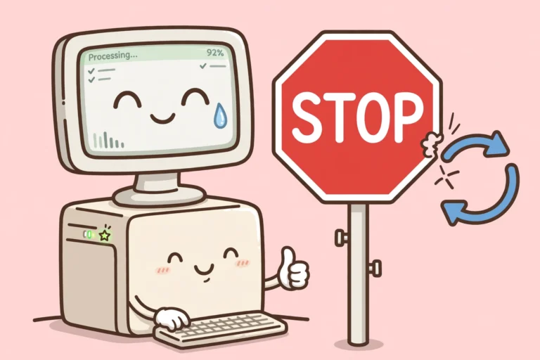 Cartoon of a Windows PC working happily while a stop sign blocks a restart arrow, on a soft pink background