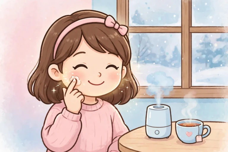 Cartoon of a smiling girl applying moisturizer in a cozy winter scene with snowflakes outside the window, soft pastel background