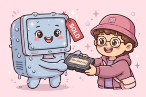 Cartoon of a sparkling clean smiling PC with a sold tag handing its old hard drive to a happy buyer